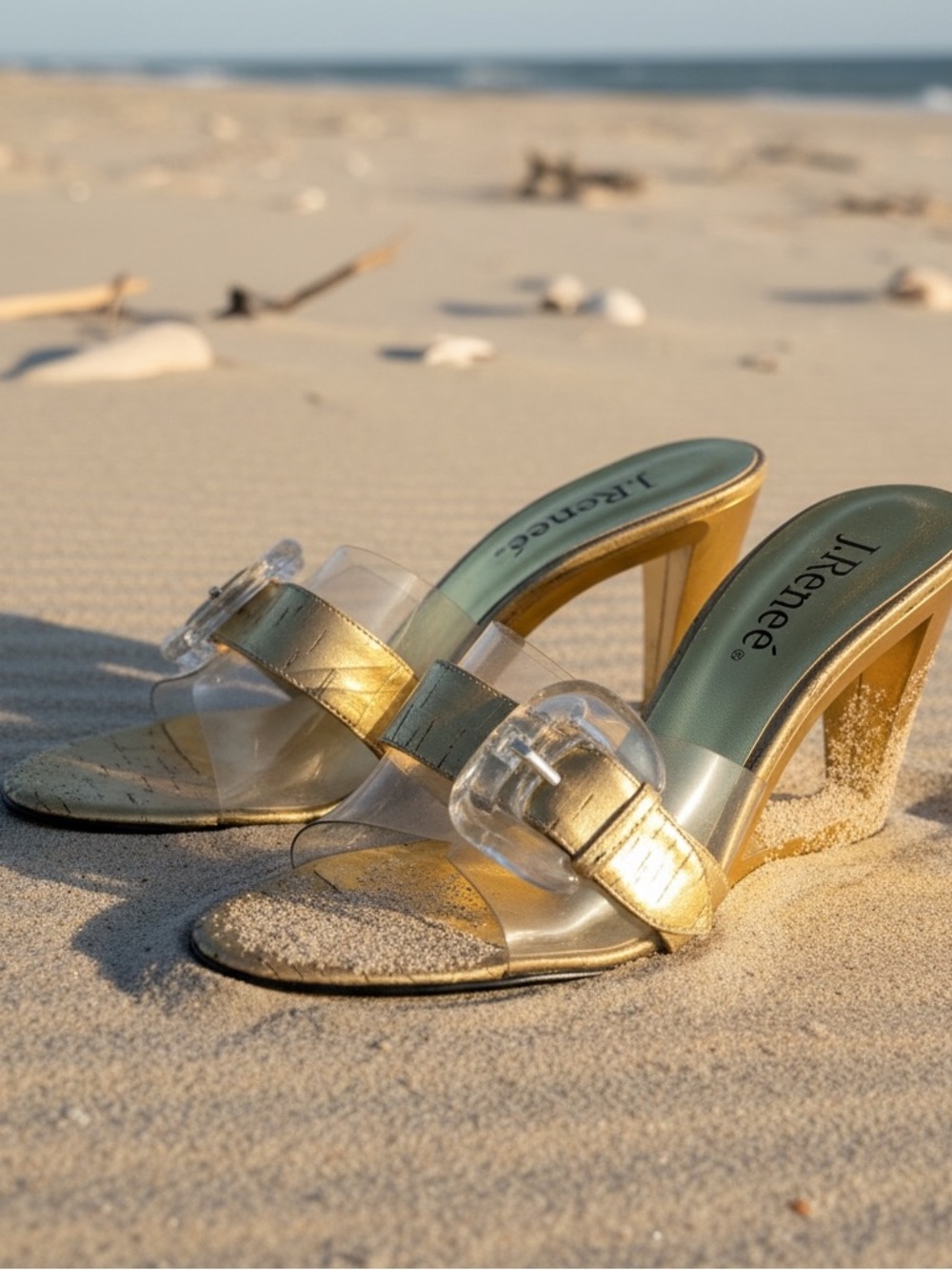 J.Renee Metallic Gold Wedge Sandals with Clear Strap